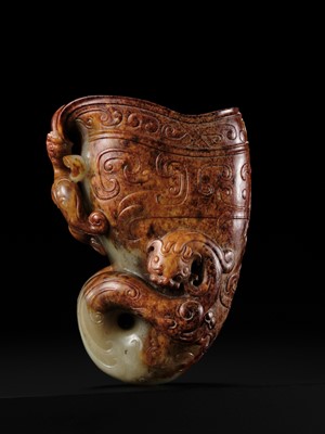 Lot 103 - AN EXCEPTIONAL AND IMPORTANT CELADON AND RUSSET ‘CHILONG’ RHYTON, HAN DYNASTY