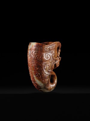 Lot 103 - AN EXCEPTIONAL AND IMPORTANT CELADON AND RUSSET ‘CHILONG’ RHYTON, HAN DYNASTY