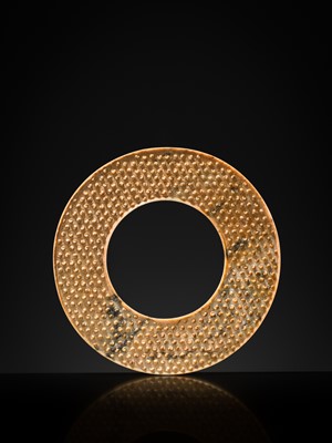 Lot 94 - A RARE YELLOW JADE DISK, BI, HAN DYNASTY