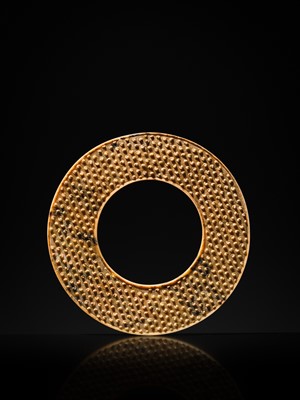 Lot 94 - A RARE YELLOW JADE DISK, BI, HAN DYNASTY