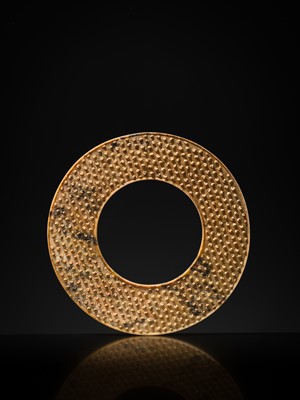 Lot 94 - A RARE YELLOW JADE DISK, BI, HAN DYNASTY