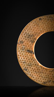 Lot 94 - A RARE YELLOW JADE DISK, BI, HAN DYNASTY