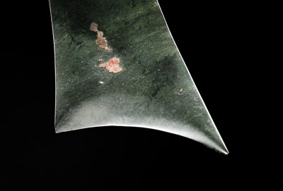 Lot 65 - A RARE AND VERY LARGE (48 CM) DARK GREEN JADE CEREMONIAL BLADE, YAZHANG, SHIMAO CULTURE