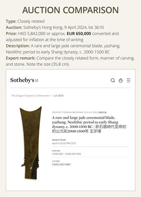 Lot 65 - A RARE AND VERY LARGE (48 CM) DARK GREEN JADE CEREMONIAL BLADE, YAZHANG, SHIMAO CULTURE