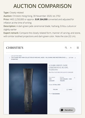 Lot 65 - A RARE AND VERY LARGE (48 CM) DARK GREEN JADE CEREMONIAL BLADE, YAZHANG, SHIMAO CULTURE