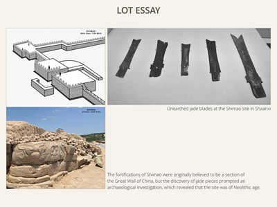 Lot 65 - A RARE AND VERY LARGE (48 CM) DARK GREEN JADE CEREMONIAL BLADE, YAZHANG, SHIMAO CULTURE