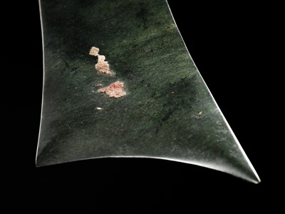 Lot 65 - A RARE AND VERY LARGE (48 CM) DARK GREEN JADE CEREMONIAL BLADE, YAZHANG, SHIMAO CULTURE