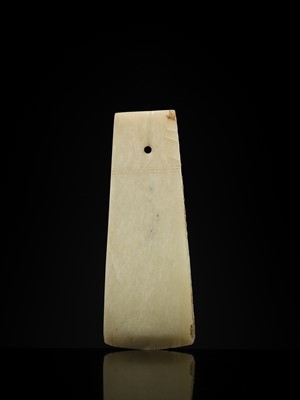 Lot 80 - A GREENISH-WHITE JADE CEREMONIAL AXE BLADE, YUE, LATE SHANG-WESTERN ZHOU DYNASTY