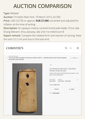 Lot 80 - A GREENISH-WHITE JADE CEREMONIAL AXE BLADE, YUE, LATE SHANG-WESTERN ZHOU DYNASTY