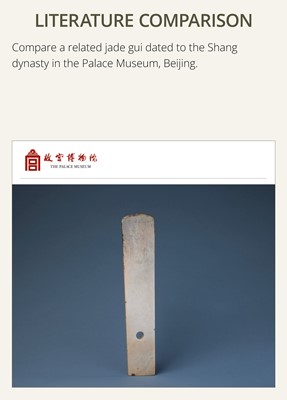 Lot 80 - A GREENISH-WHITE JADE CEREMONIAL AXE BLADE, YUE, LATE SHANG-WESTERN ZHOU DYNASTY