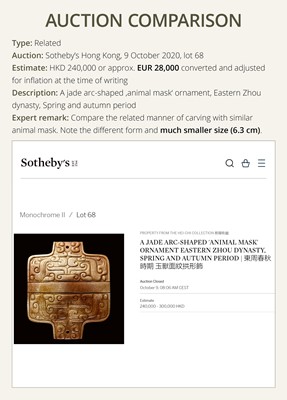 Lot 82 - A RARE BROWN JADE ‘ANIMAL MASK’ HARVESTING KNIFE, HU, SPRING AND AUTUMN PERIOD