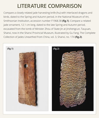 Lot 82 - A RARE BROWN JADE ‘ANIMAL MASK’ HARVESTING KNIFE, HU, SPRING AND AUTUMN PERIOD