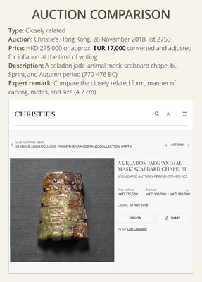 Lot 90 - A YELLOW AND RUSSET JADE ‘BOVINE MASK’ SCABBARD CHAPE, BI, SPRING AND AUTUMN PERIOD