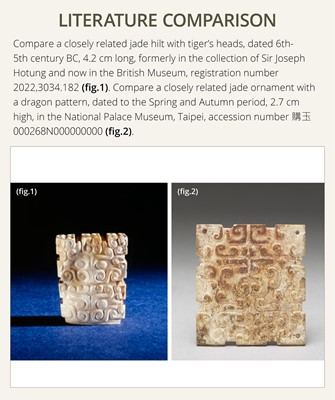 Lot 90 - A YELLOW AND RUSSET JADE ‘BOVINE MASK’ SCABBARD CHAPE, BI, SPRING AND AUTUMN PERIOD