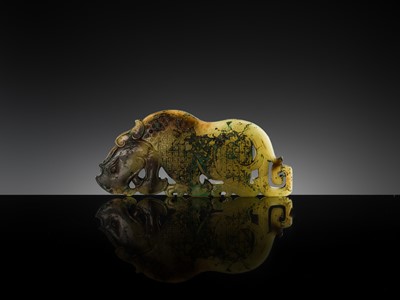 Lot 92 - A FINE AND LARGE GREEN JADE ‘RHINOCEROS’ PLAQUE, WARRING STATES PERIOD-WESTERN HAN DYNASTY