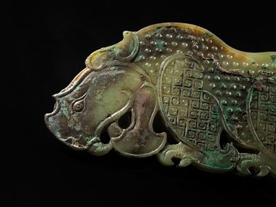 Lot 92 - A FINE AND LARGE GREEN JADE ‘RHINOCEROS’ PLAQUE, WARRING STATES PERIOD-WESTERN HAN DYNASTY