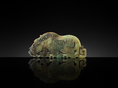 Lot 92 - A FINE AND LARGE GREEN JADE ‘RHINOCEROS’ PLAQUE, WARRING STATES PERIOD-WESTERN HAN DYNASTY