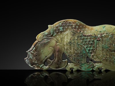Lot 92 - A FINE AND LARGE GREEN JADE ‘RHINOCEROS’ PLAQUE, WARRING STATES PERIOD-WESTERN HAN DYNASTY