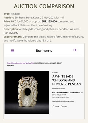 Lot 97 - A RUSSET JADE ‘CHILONG AND PHOENIX’ ARCHER’S RING PENDANT, SHE, HAN DYNASTY