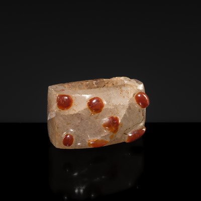 Lot 263 - AN UNUSUAL WHITE AND RED AGATE SCABBARD SLIDE, WESTERN HAN DYNASTY
