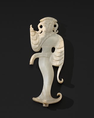 Lot 78 - A MAGNIFICENT WHITE JADE ‘FEMALE DANCER’ PENDANT, EASTERN ZHOU TO WESTERN HAN DYNASTY