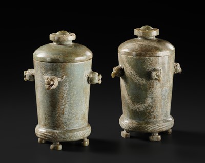 A RARE PAIR OF GREEN JADE CUPS AND COVER, HAN DYNASTY
