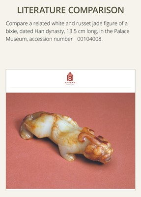 Lot 259 - A PAIR OF PALE CELADON AND BROWN JADE ‘BIXIE’ FIGURES, HAN DYNASTY
