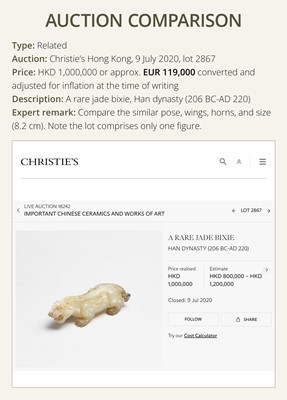 Lot 259 - A PAIR OF PALE CELADON AND BROWN JADE ‘BIXIE’ FIGURES, HAN DYNASTY