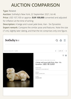 Lot 259 - A PAIR OF PALE CELADON AND BROWN JADE ‘BIXIE’ FIGURES, HAN DYNASTY