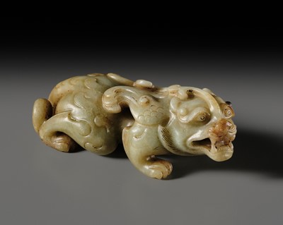 Lot 116 - AN ARCHAISTIC JADE FIGURE OF A BIXIE, MING DYNASTY