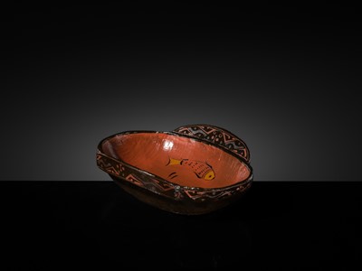 Lot 104 - A BROWN AND RED LACQUER ‘EAR’ CUP, ERBEI, WARRING STATES PERIOD TO WESTERN HAN DYNASTY