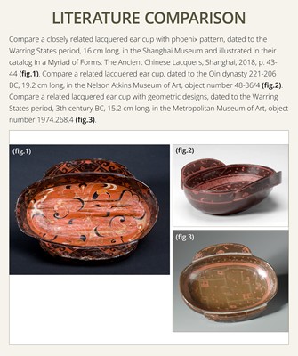 Lot 104 - A BROWN AND RED LACQUER ‘EAR’ CUP, ERBEI, WARRING STATES PERIOD TO WESTERN HAN DYNASTY