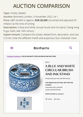 Lot 17 - A BLUE AND WHITE DRUM-FORM BRUSH AND INK STAND, MING DYNASTY