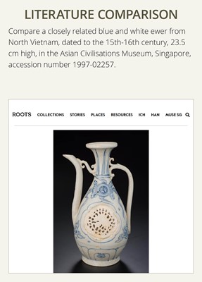 Lot 186 - A RETICULATED BLUE AND WHITE EWER, LÊ DYNASTY, LATE 15TH CENTURY, FROM THE HOI AN HOARD