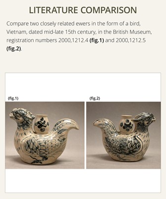 Lot 37 - A BLUE AND WHITE ‘COCKEREL’ EWER, LÊ DYNASTY, LATE 15TH CENTURY, FROM THE HOI AN HOARD