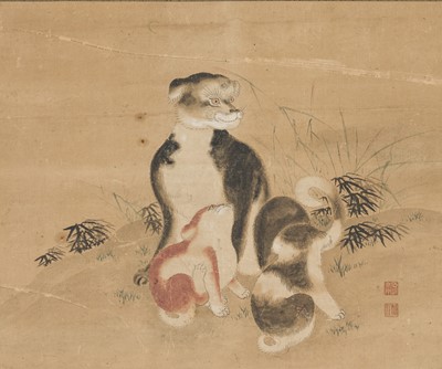Lot 115 - A FINE PAINTING DEPICTING A MOTHER DOG AND TWO PUPPIES, JOSEON DYNASTY, 19TH CENTURY