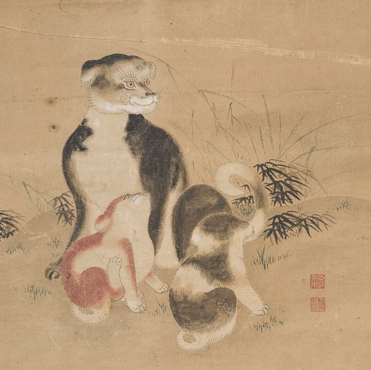 Lot 115 - A FINE PAINTING DEPICTING A MOTHER DOG AND TWO PUPPIES, JOSEON DYNASTY, 19TH CENTURY