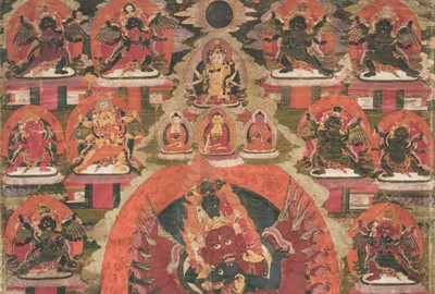 Lot 112 - A THANGKA OF HAYAGRIVA IN UNION WITH HIS CONSORT VAJRAVARAHI, 18TH-19TH CENTURY