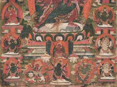 Lot 112 - A THANGKA OF HAYAGRIVA IN UNION WITH HIS CONSORT VAJRAVARAHI, 18TH-19TH CENTURY