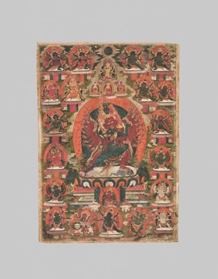 Lot 112 - A THANGKA OF HAYAGRIVA IN UNION WITH HIS CONSORT VAJRAVARAHI, 18TH-19TH CENTURY