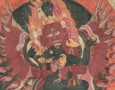 Lot 112 - A THANGKA OF HAYAGRIVA IN UNION WITH HIS CONSORT VAJRAVARAHI, 18TH-19TH CENTURY