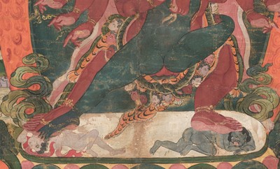 Lot 112 - A THANGKA OF HAYAGRIVA IN UNION WITH HIS CONSORT VAJRAVARAHI, 18TH-19TH CENTURY