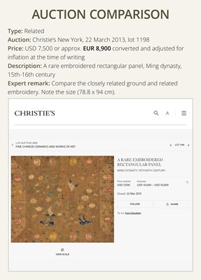 Lot 111 - A RARE AND FINE EMBROIDERED SILK PANEL, MING DYNASTY