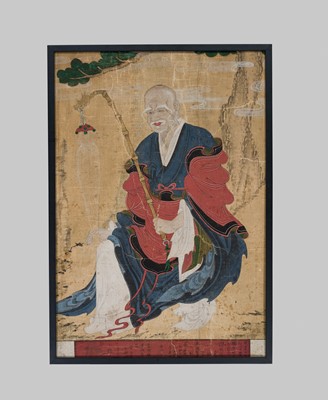 Lot 113 - A RARE PORTRAIT OF THE ARHAT DOKSEONG, FORMERLY IN THE GREAT DHARMA HALL AT JINJUSEONG FORTRESS, JOSEON DYNASTY, DATED 1860