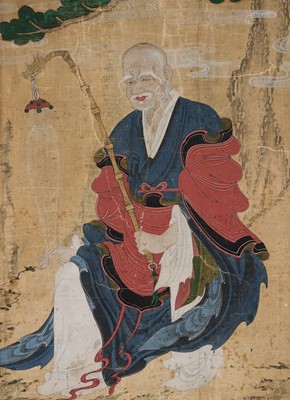 Lot 113 - A RARE PORTRAIT OF THE ARHAT DOKSEONG, FORMERLY IN THE GREAT DHARMA HALL AT JINJUSEONG FORTRESS, JOSEON DYNASTY, DATED 1860