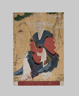 Lot 113 - A RARE PORTRAIT OF THE ARHAT DOKSEONG, FORMERLY IN THE GREAT DHARMA HALL AT JINJUSEONG FORTRESS, JOSEON DYNASTY, DATED 1860