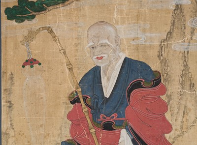 Lot 113 - A RARE PORTRAIT OF THE ARHAT DOKSEONG, FORMERLY IN THE GREAT DHARMA HALL AT JINJUSEONG FORTRESS, JOSEON DYNASTY, DATED 1860