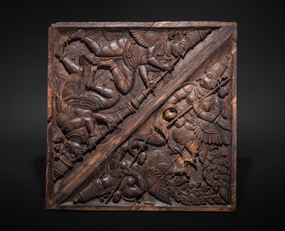 Lot 120 - A CARVED WOOD ‘KINNARA AND KINNARI’ TEMPLE CEILING PANEL, KERALA, CIRCA 18TH CENTURY