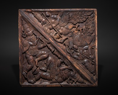 Lot 120 - A CARVED WOOD ‘KINNARA AND KINNARI’ TEMPLE CEILING PANEL, KERALA, CIRCA 18TH CENTURY