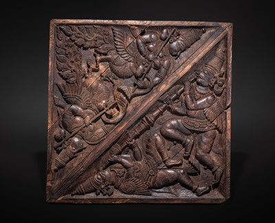 Lot 120 - A CARVED WOOD ‘KINNARA AND KINNARI’ TEMPLE CEILING PANEL, KERALA, CIRCA 18TH CENTURY